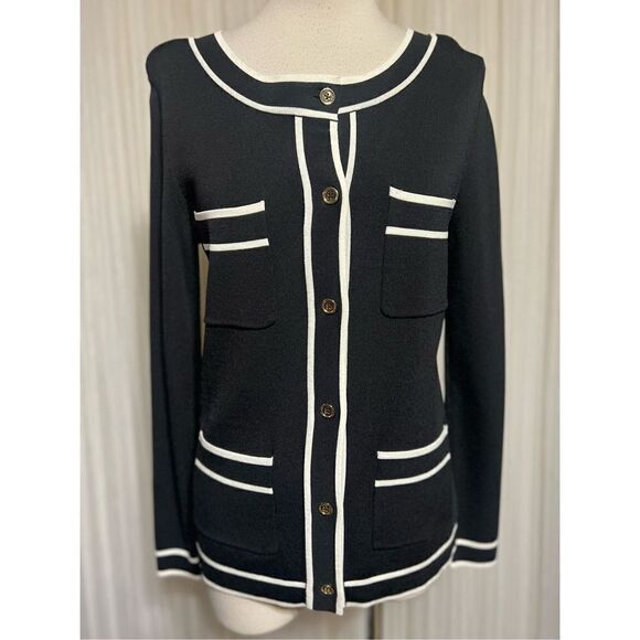 Kasper Black and White Long Sleeve Cardigan Sweater Jacket Size Small - Picture 1 of 5